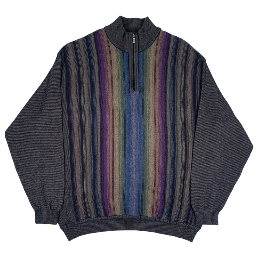 St. Croix Quarter Zip Sweater Mens XXL Brown‎ Multicolor Striped Wool Blend USA